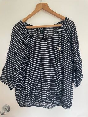 J. Crew Navy & White Striped Peasant Top
